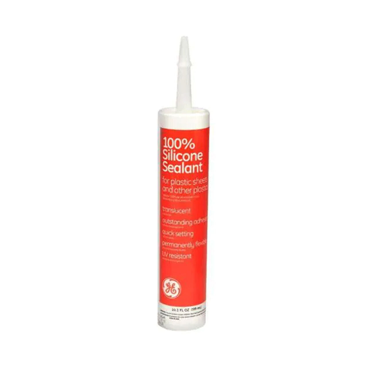 The Go Build 10.1 oz. Silicone Cartridge - Translucent is a 100% silicone sealant with a pointed nozzle and red and white label, ideal for plastic sheets and plastics; fire and high heat resistant for extra protection.